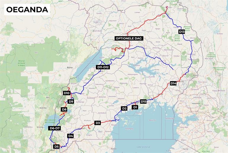 15-daagse reisroute door Oeganda op de kaart