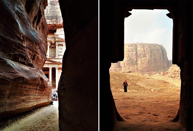 Al-Khazneh Schatkamer (links) en de koninklijke graftombes (rechts), Petra in Jordanië
