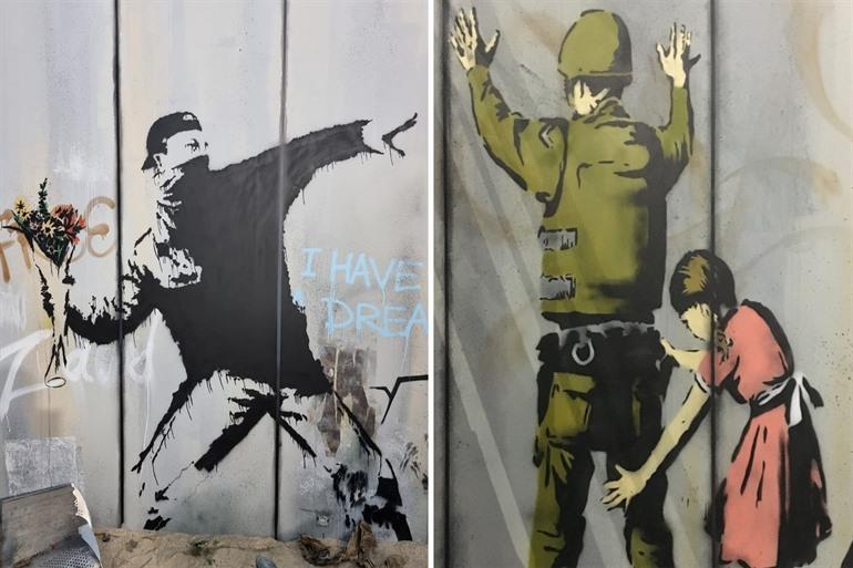 Graffiti werken van Banksy in het Banksy Museum van Parijs