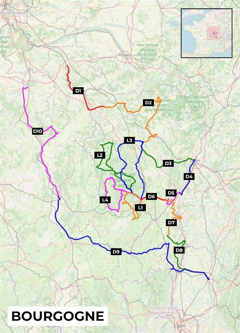 Kaart met 10-daagse rondreis Bourgondië