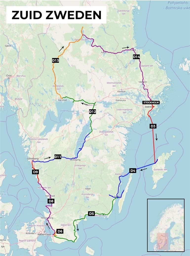 Kaart met 13-daagse rondreis Zweden 
