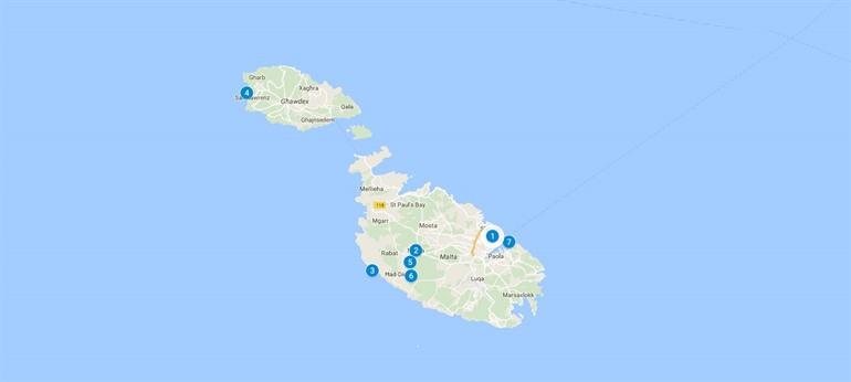 Kaart met Game of Thrones Filmlocaties Malta en Gozo