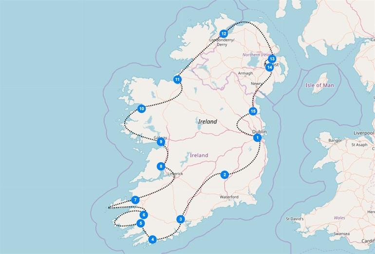 Kaart met route Ierland rondreis