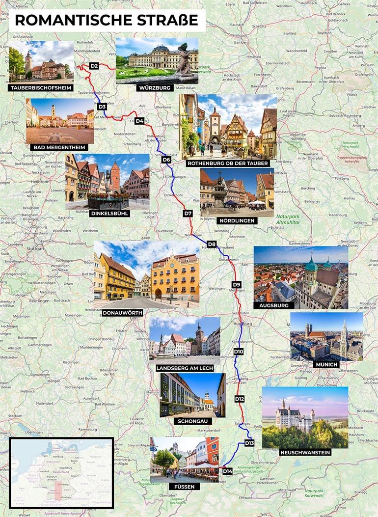 Kaart met route van de Romantische Strasse