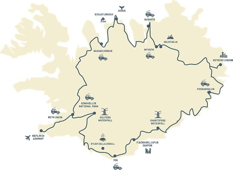 Kaart van 7-daagse rondreis IJsland met 4x4 en daktent
