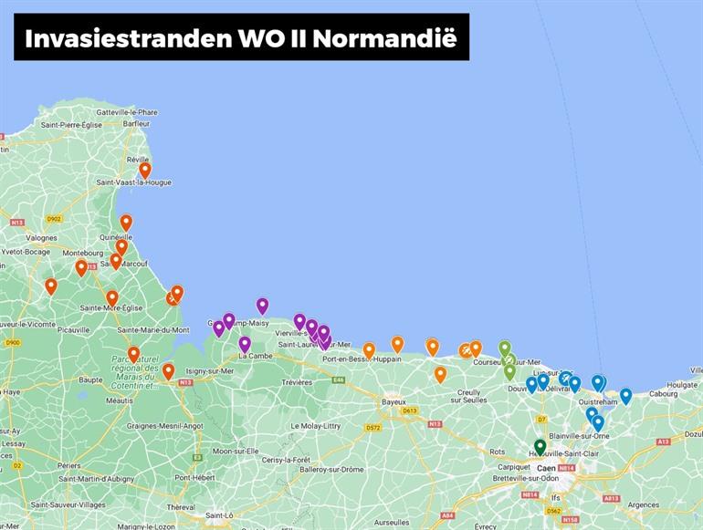 Kaartje met invasiestranden WO 2 Normandië