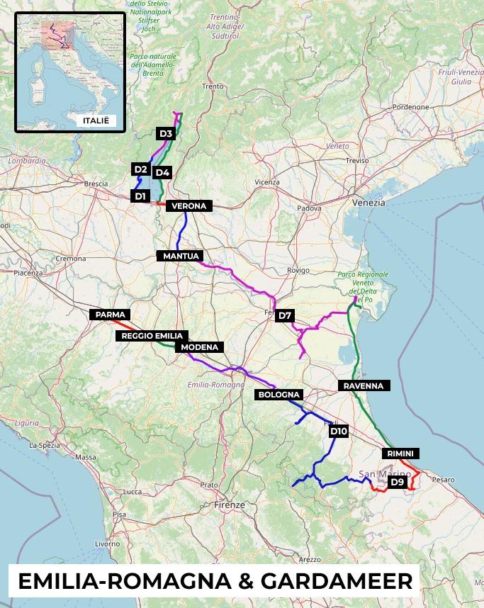 Kaartje met route roadtrip Gardameer en Emilia-Romagna