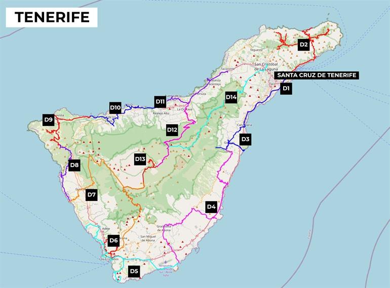 Kaartje met route van de roadtrip op Tenerife