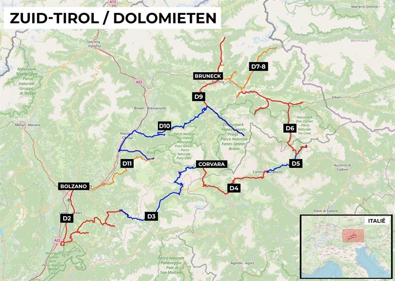 Kaartje roadtrip Dolomieten en rondreis Zuid-Tirol