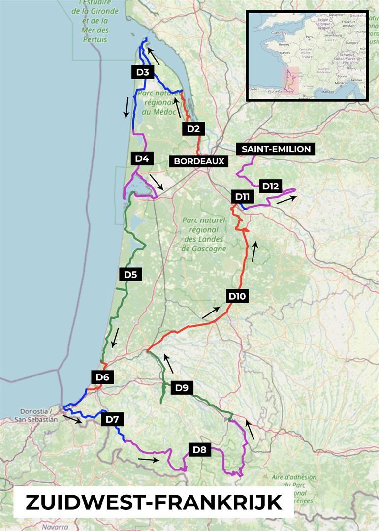 Kaartje route rondreis Zuidwest-Frankrijk