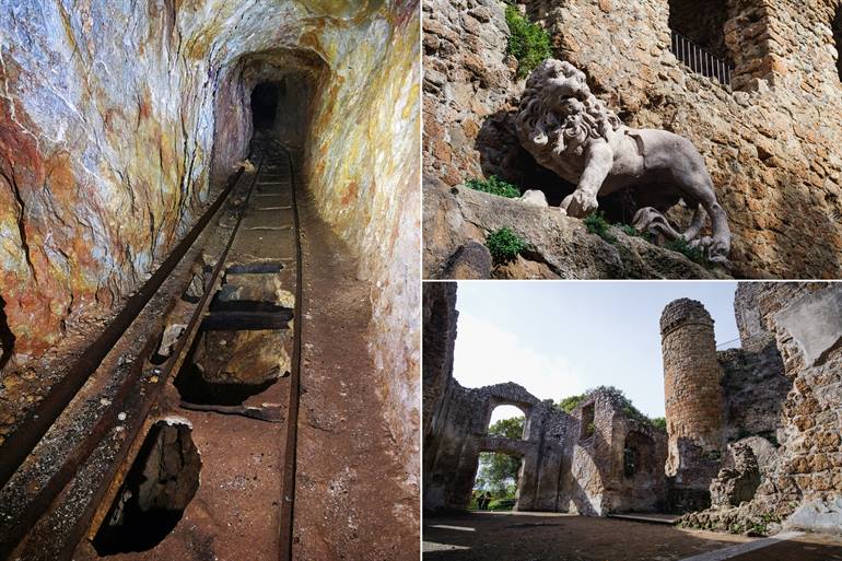 Oud treinspoor in de mijnen bij Allumiere