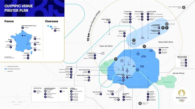 Plattegrond van Parijs met de locaties van de Olympische Spelen