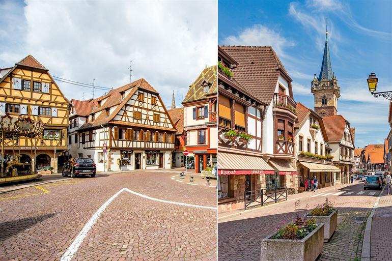 Stadsbeeld Obernai met de kleurrijke vakwerkhuizen, Elzas 