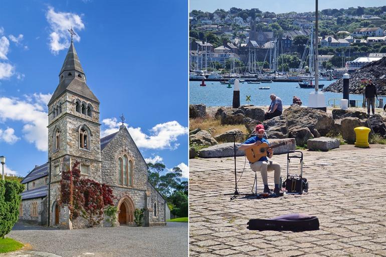 Straatmuzikant en St. Mary Anglican Church in Howth, Ierland