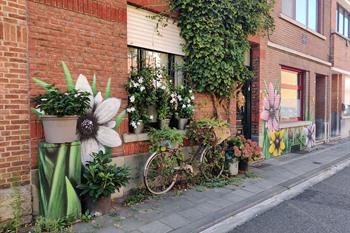 Street-art werk gevel met opvallende bloemen, Kessel-Lo