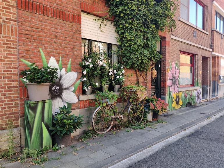 Street-art werk gevel met opvallende bloemen, Kessel-Lo