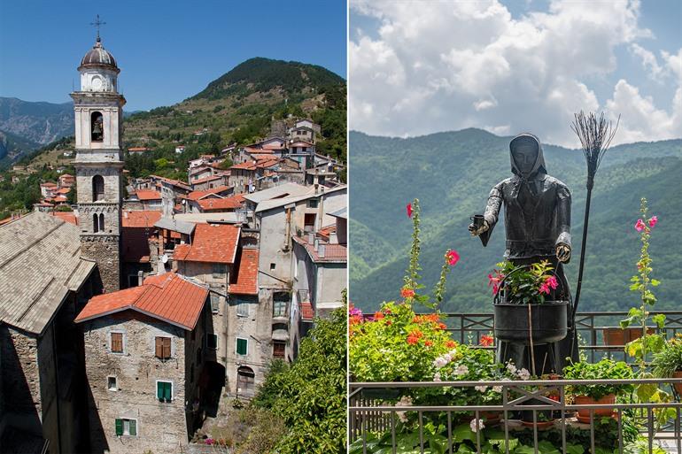 Triora, standbeeld van een heks, het symbool van de stad
