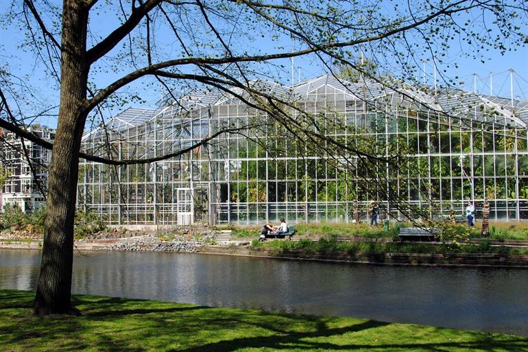 Uitzicht op de Drieklimatenkas van de Hortus Botanicus Amsterdam