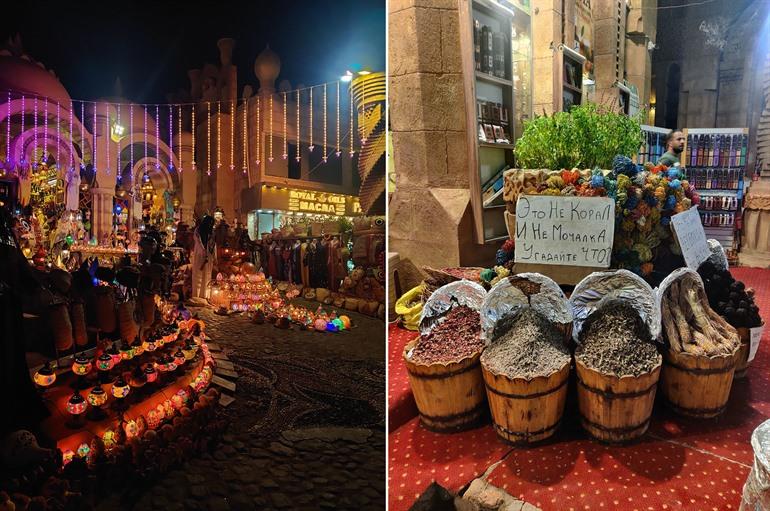 Winkeltjes met specerijen en olielampen in Old Market, Sharm-el-Sheikh